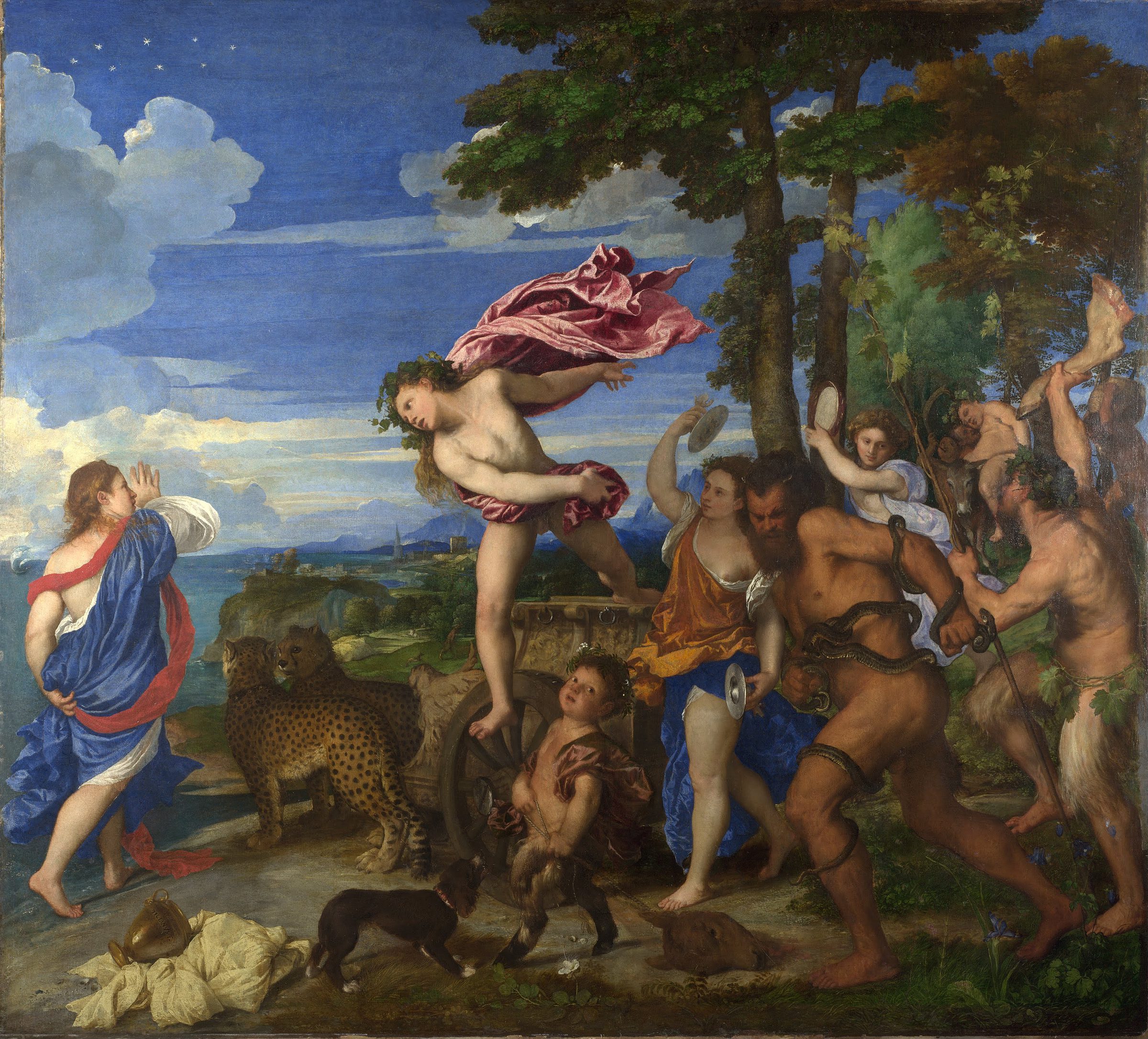 Bacchus bondit de son char vers Ariane, sous un ciel de lapis — Titien.