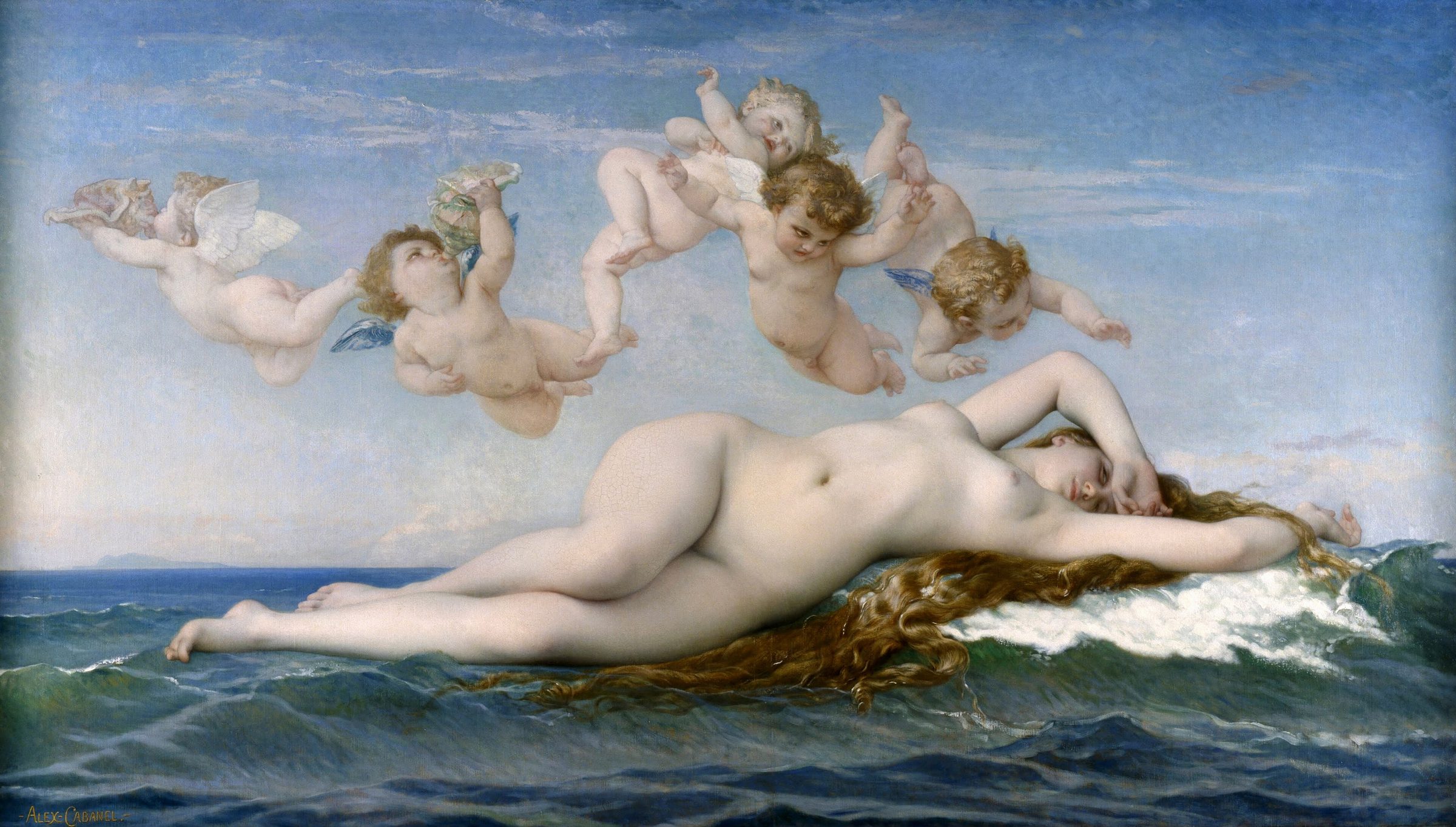 Vénus allongée sur la vague, des amours volant au-dessus d’elle — Cabanel.